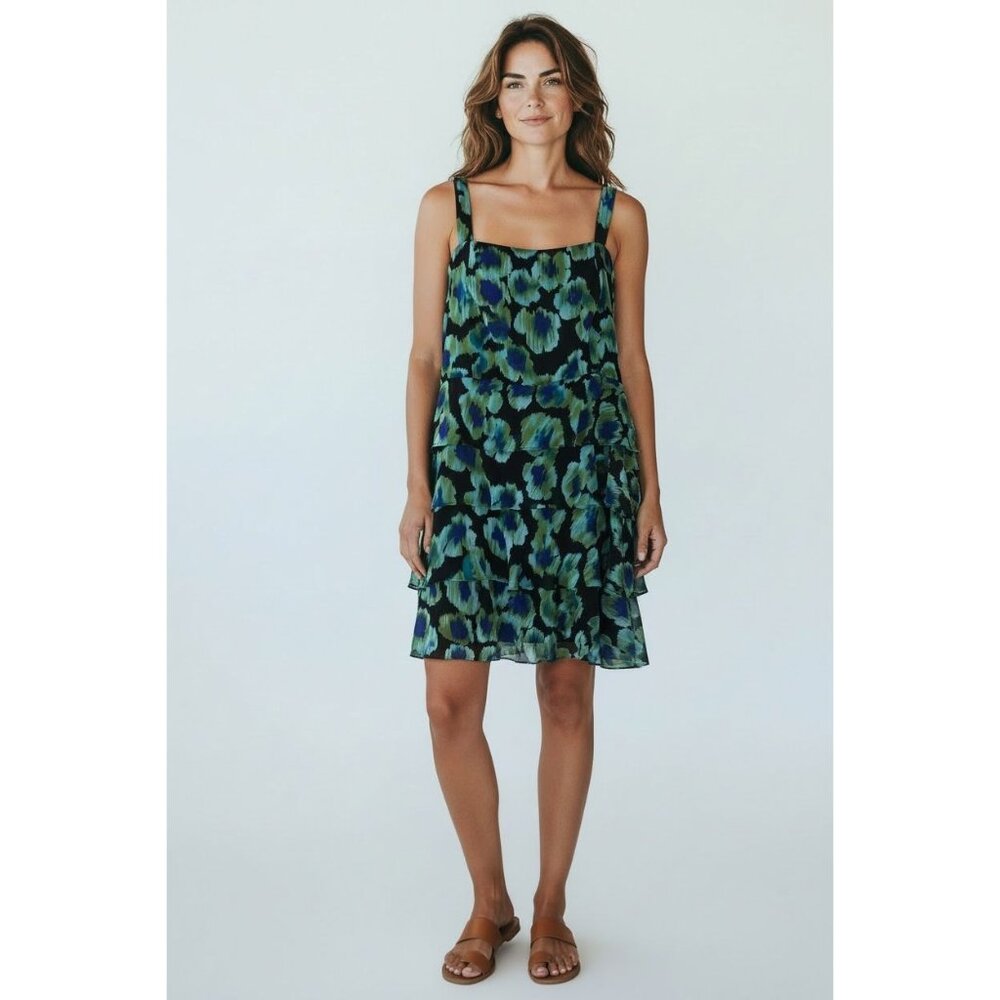 Dressbarn Green Blue Ikat Watercolor‎ Floral Chiffon Tiered Midi Dress Size 22W